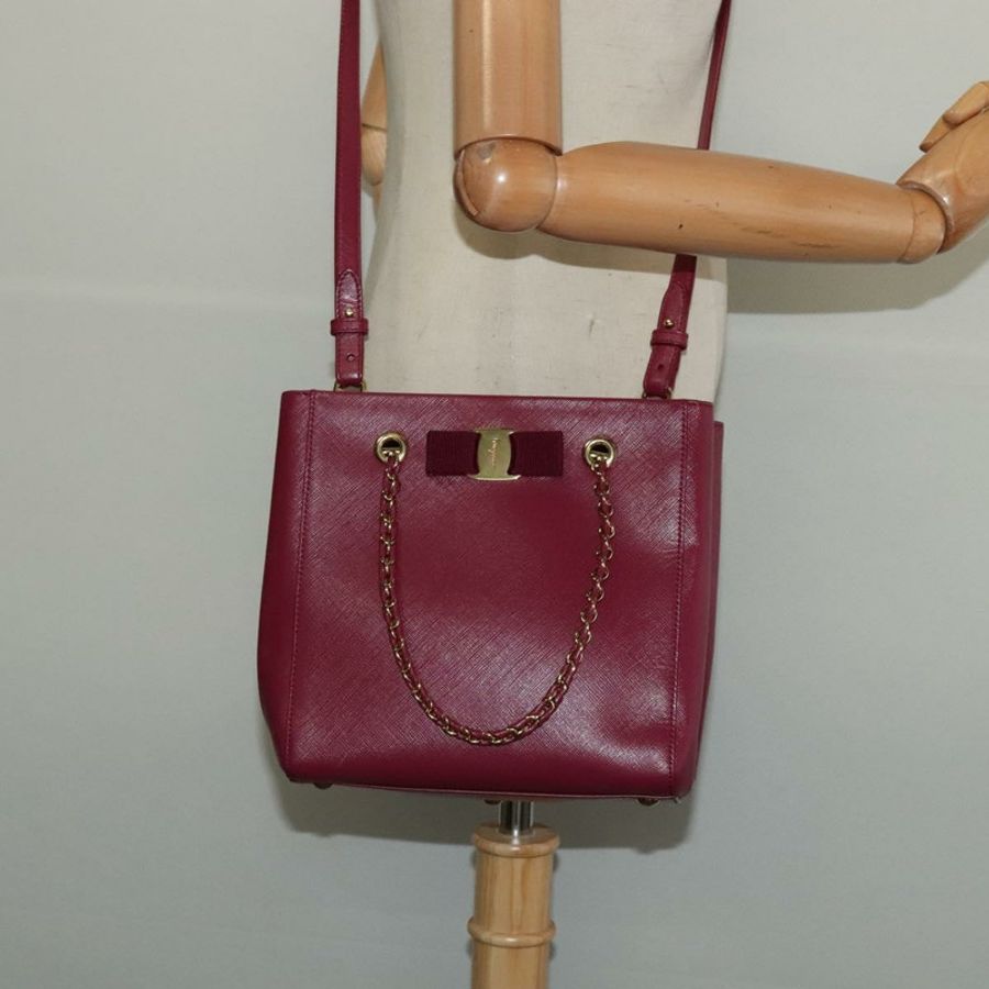 【日本直送】Salvatore Ferragamo 鏈條 Vala 手提包 皮革 粉紅色 金飾 正品 BA4315-22
