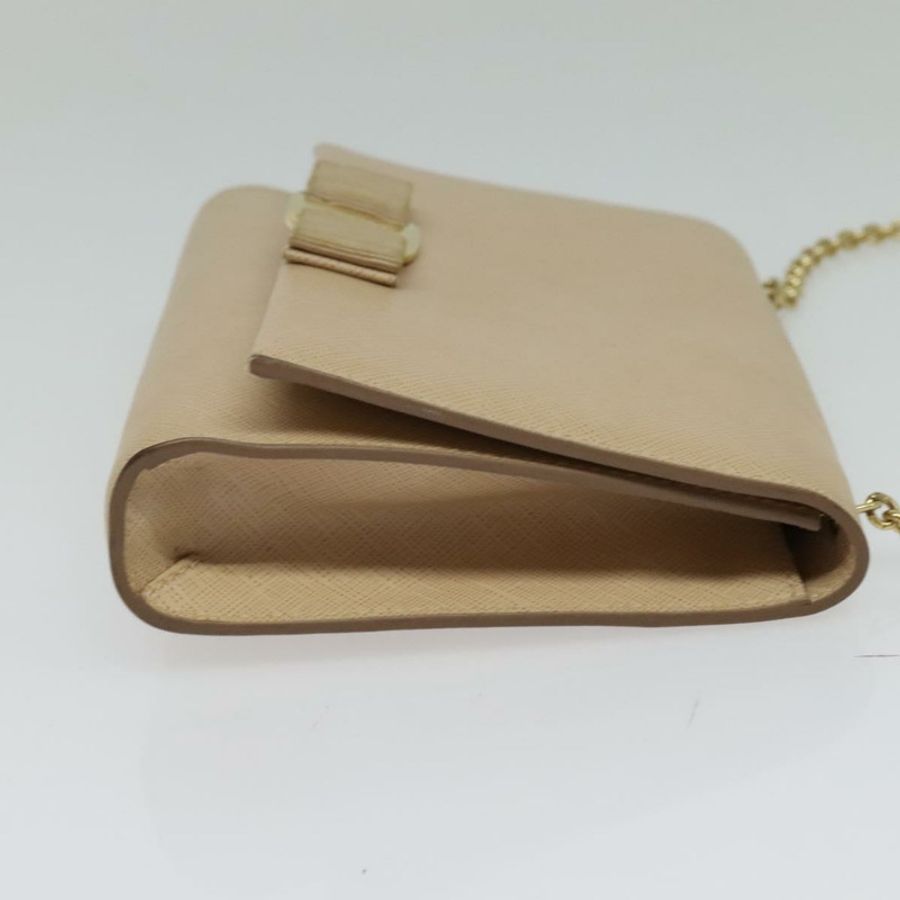 【日本直送】Salvatore Ferragamo 鏈條 Vala 肩背包 皮革 米色 金色 正品 140674-3