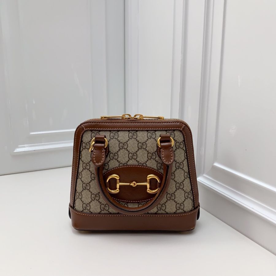 98新GUCCI古馳1955系列棕色mini馬銜扣貝殼包-5