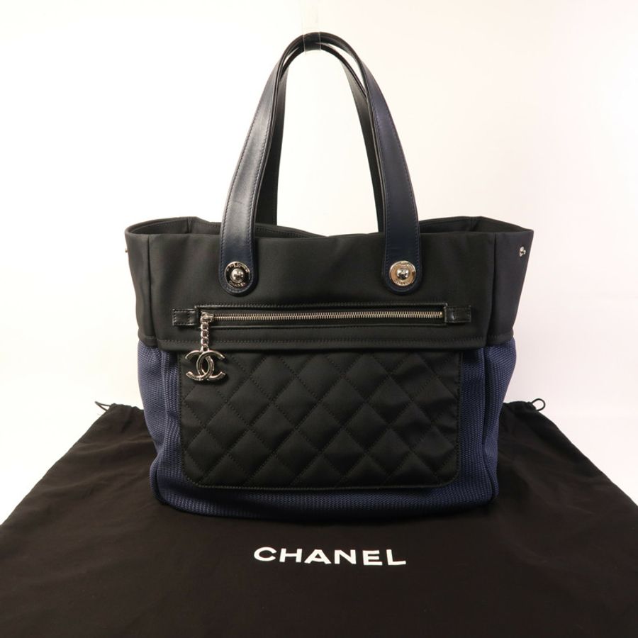 CHANEL 帆布Tote Bag銀扣肩背袋-8