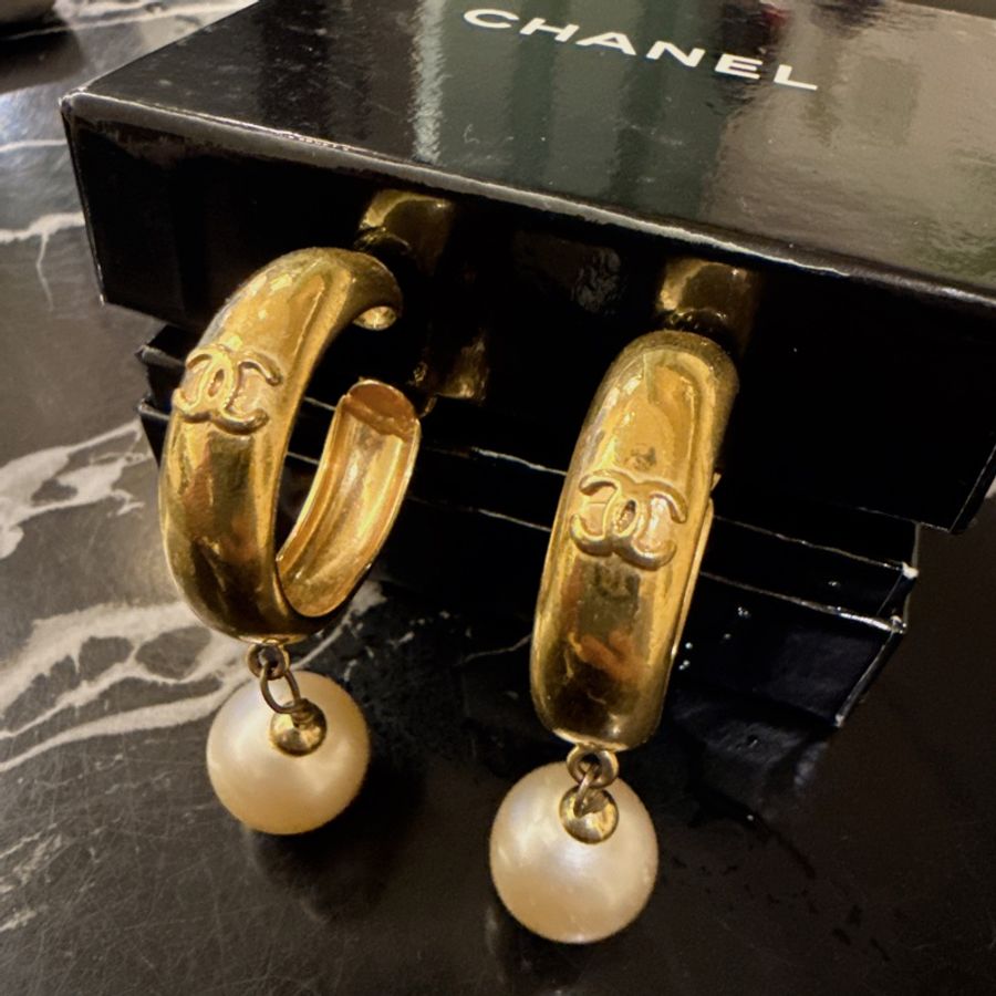 中古的 Chanel vintage 金環金圈 珍珠 耳夾 夾式耳環-0