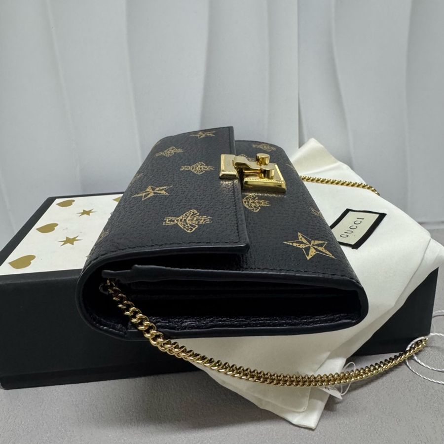 Gucci / 古馳 黑色燙金 小蜜蜂款 Padlock 鏈條包 WOC-6