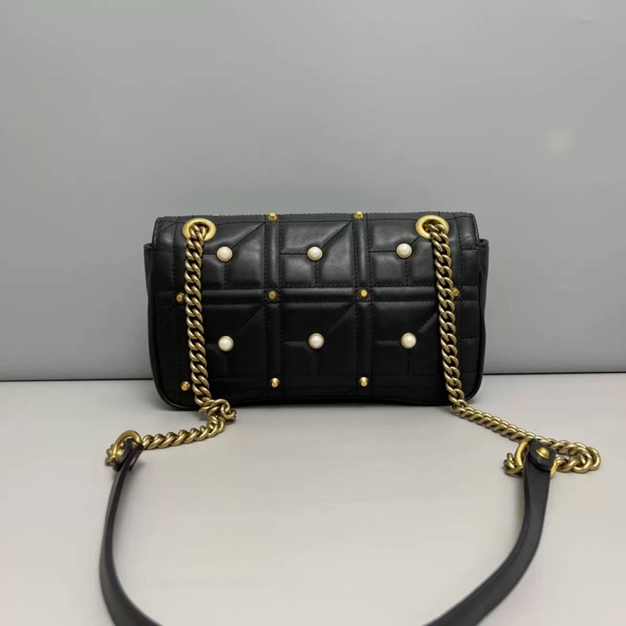Gucci古馳marmont中號黑金全皮珍珠柳丁單肩斜挎-1