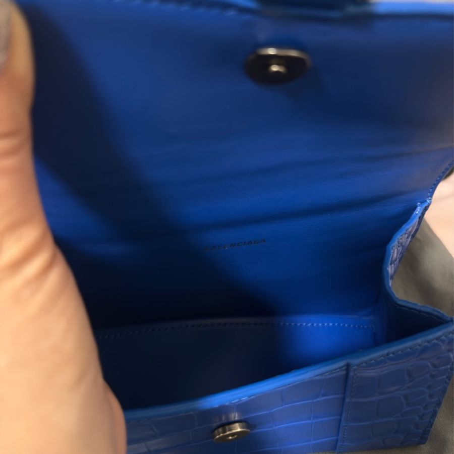 BALENCIAGA Hourglass XS B字鱷魚壓花牛皮手提/斜背沙漏包(藍色)-11