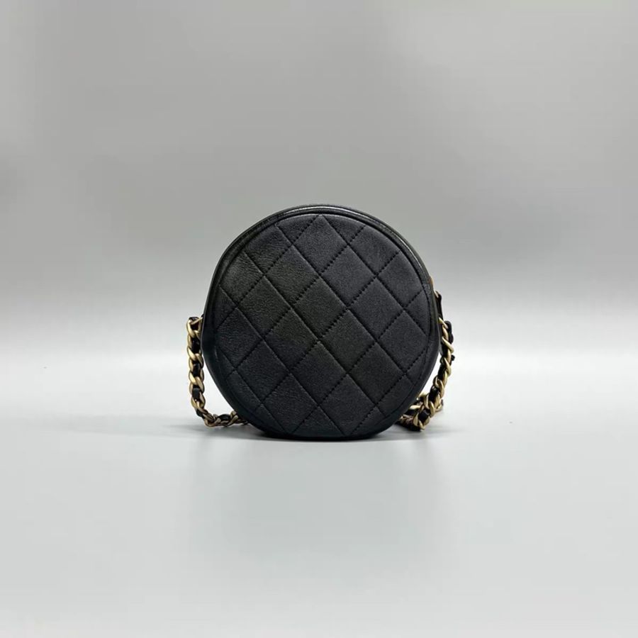 Chanel 香奈兒黑金牛皮菱格圓餅鏈條包-1