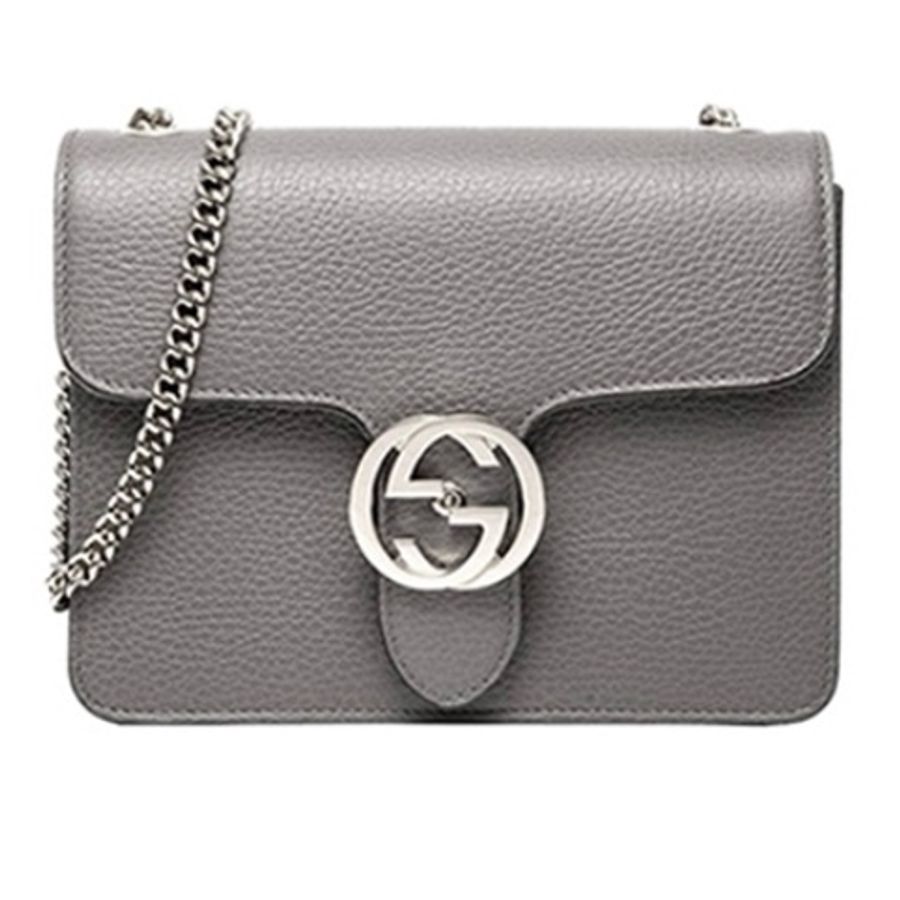 GUCCI 風琴包 經典雙G LOGO荔枝紋大象灰牛皮風琴包 淡金鍊-0