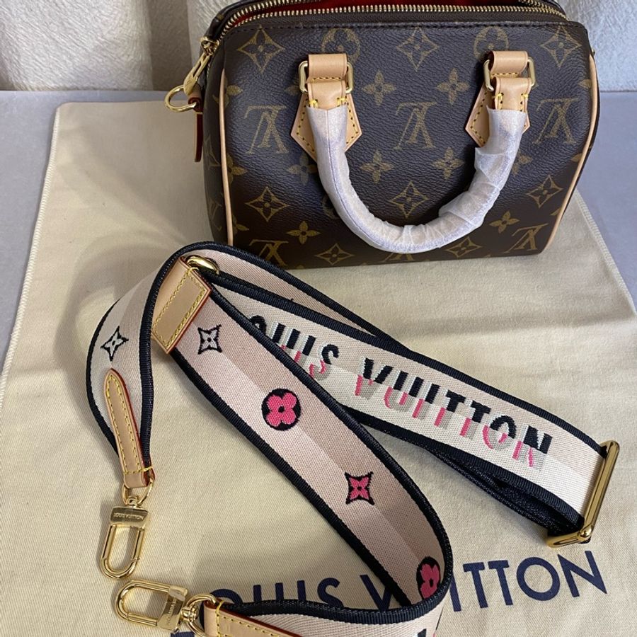 LOUIS VUITTON Speedy 20 枕頭包手提單肩斜挎包 刺繡黑邊寬肩帶-7