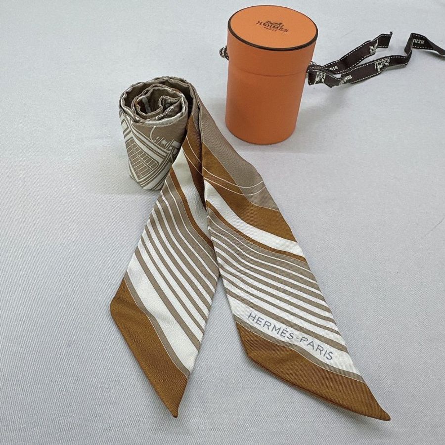 HERMES 全新Twilly棕色馬車絲巾-4