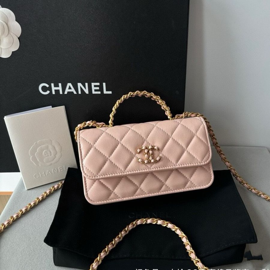 Chanel / 香奈兒 24c 水鑽手柄 櫻花粉色羊皮 woc 鏈條斜挎包-2