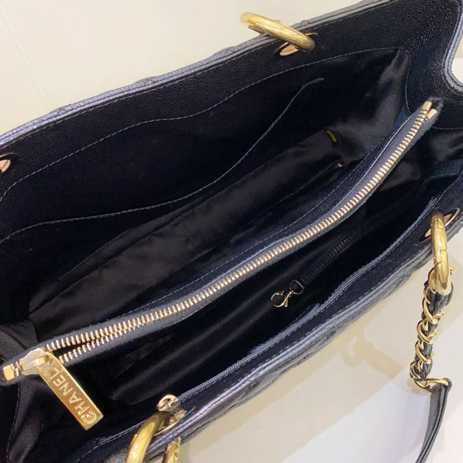 Chanel香奈兒 GST 黑金荔枝紋牛皮托特鏈條包-12
