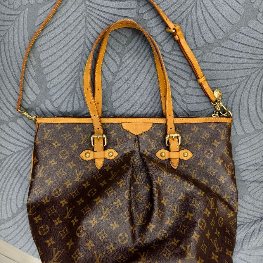 LV LOUIS VUITTON Palermo GM M40146 老花 原花皺褶拉鍊手提肩背包-0