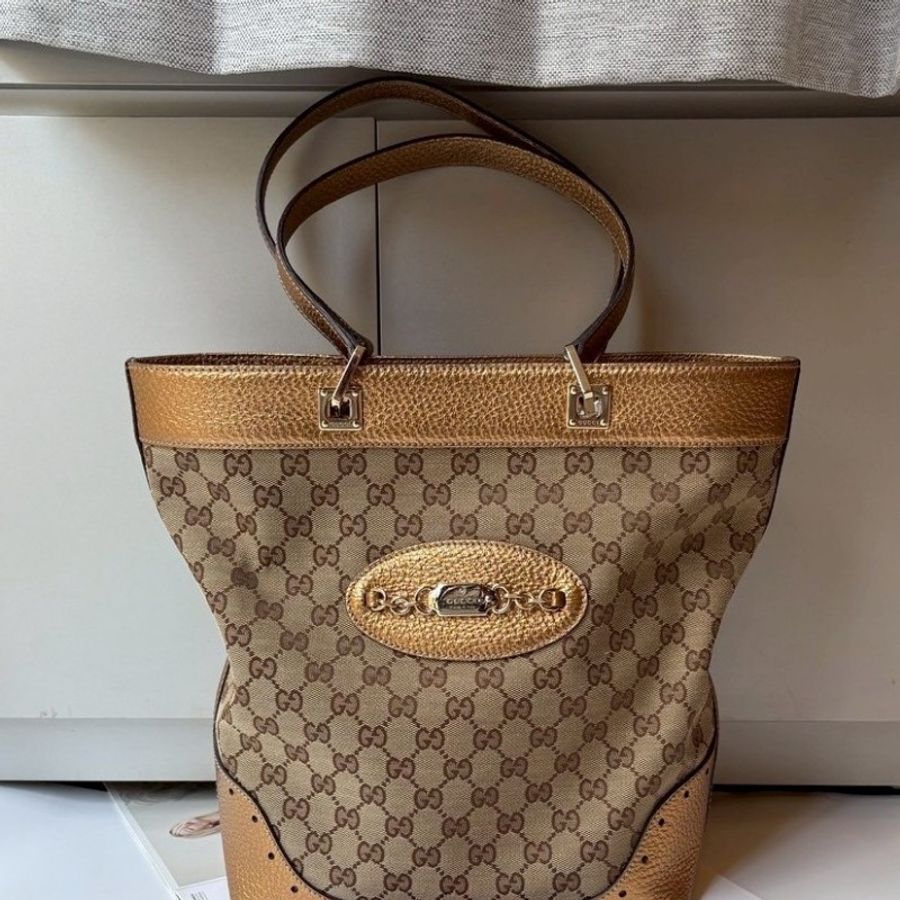 Gucci 古銅金皮革邊GGlogo布托特包-0