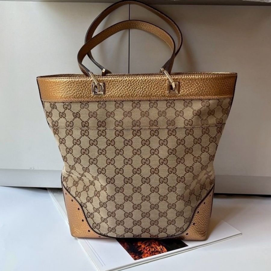 Gucci 古銅金皮革邊GGlogo布托特包-1