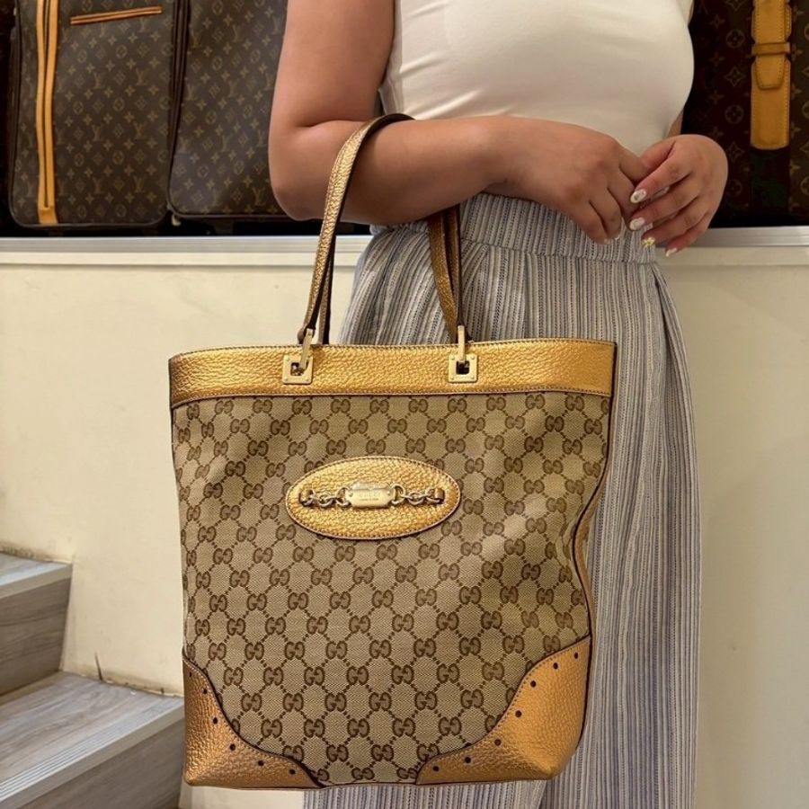 Gucci 古銅金皮革邊GGlogo布托特包-4