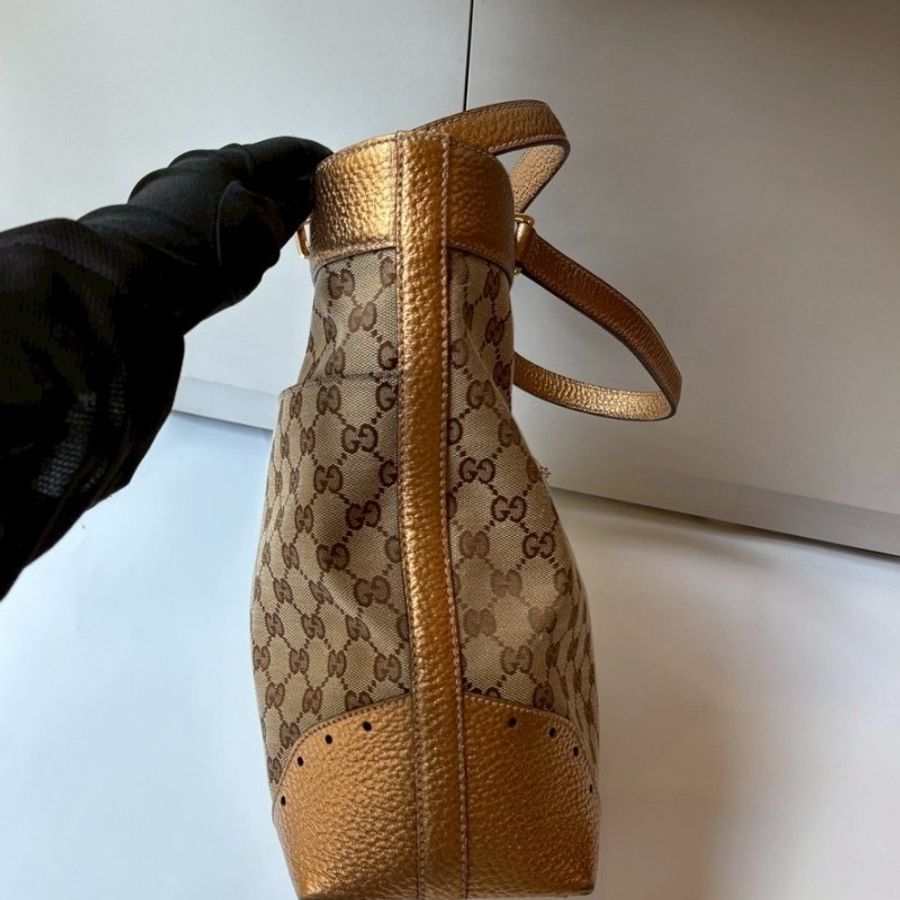 Gucci 古銅金皮革邊GGlogo布托特包-11