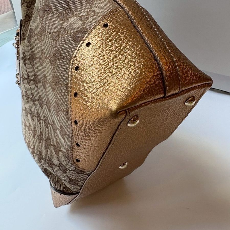 Gucci 古銅金皮革邊GGlogo布托特包-13