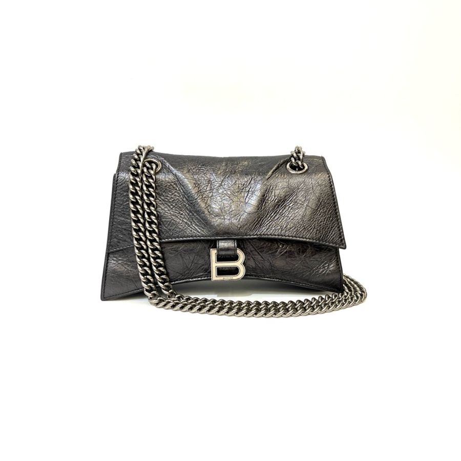 Balenciaga 金屬灰復刻牛皮銀釦下蓋Crush小款肩斜背鏈包716351-0