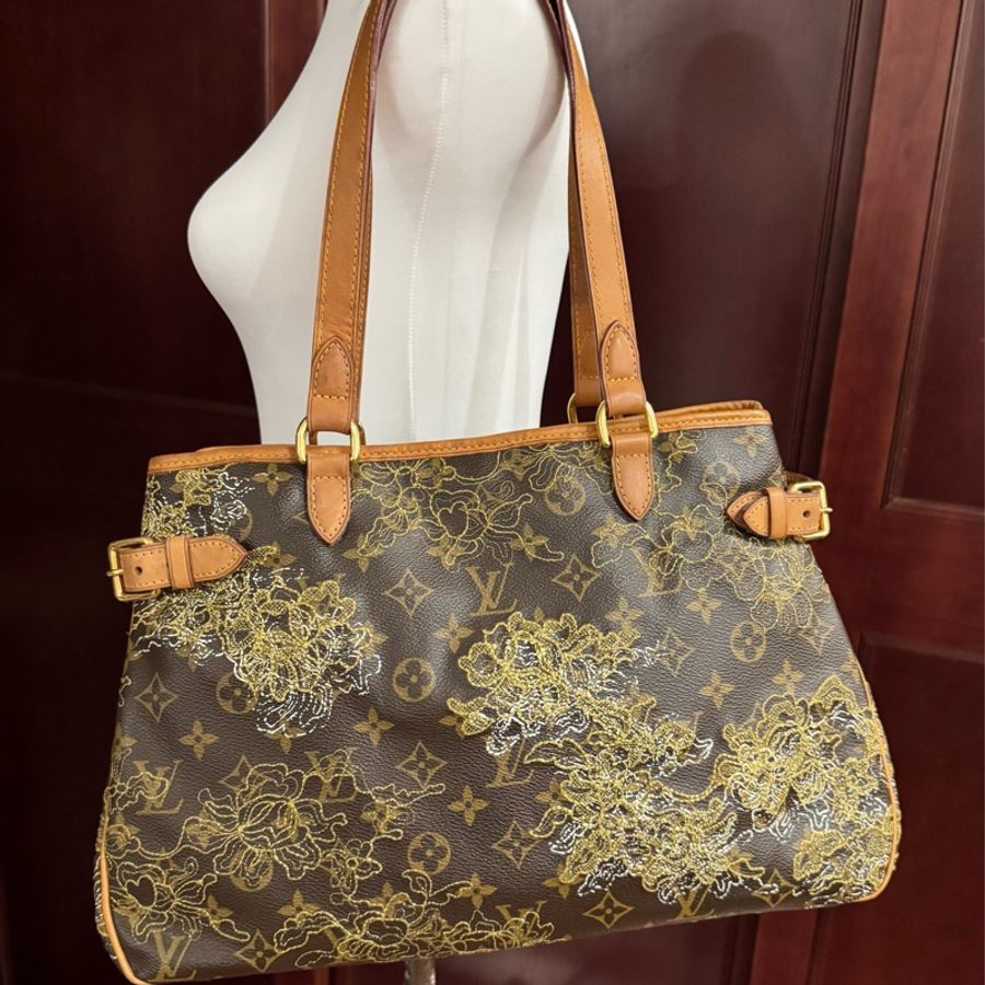 閒置未用正品LV限量 絕版 刺繡花卉 M51154 雙側釦 束口 購物包 肩背包-0