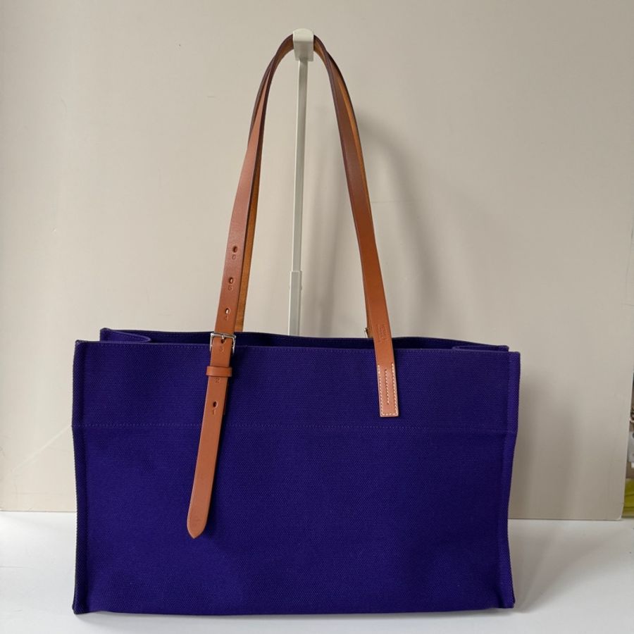 Hermes 絕版 Etriviere 藍紫色 帆布 牛皮 馬術肩帶 可條長度 橫式 購物包-0