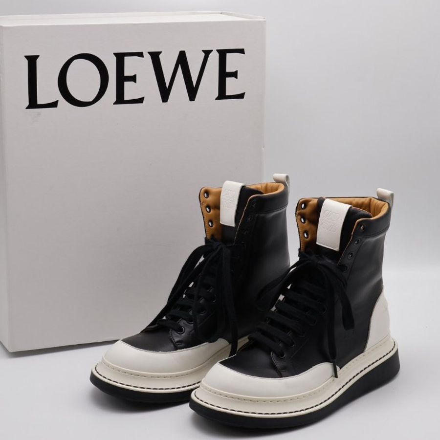 LOEWE 牛皮拚色軍靴 - 黑白 37-9