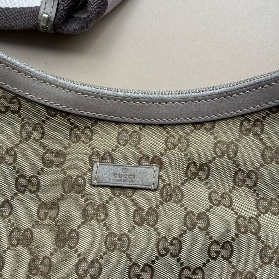 ::GUCCI:: 181092 米色烏木色GG帆布薰衣草紫色織帶半月包 斜背包-2
