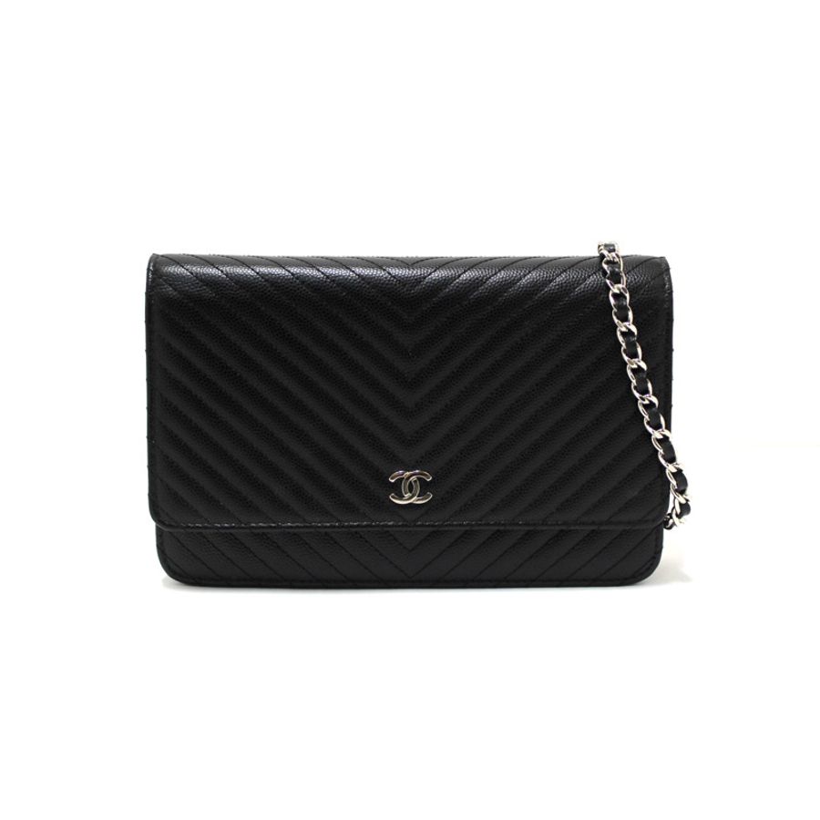 Chanel Black Chevron Caviar Leather Wallet On Chain WOC Crossbody Bag-0