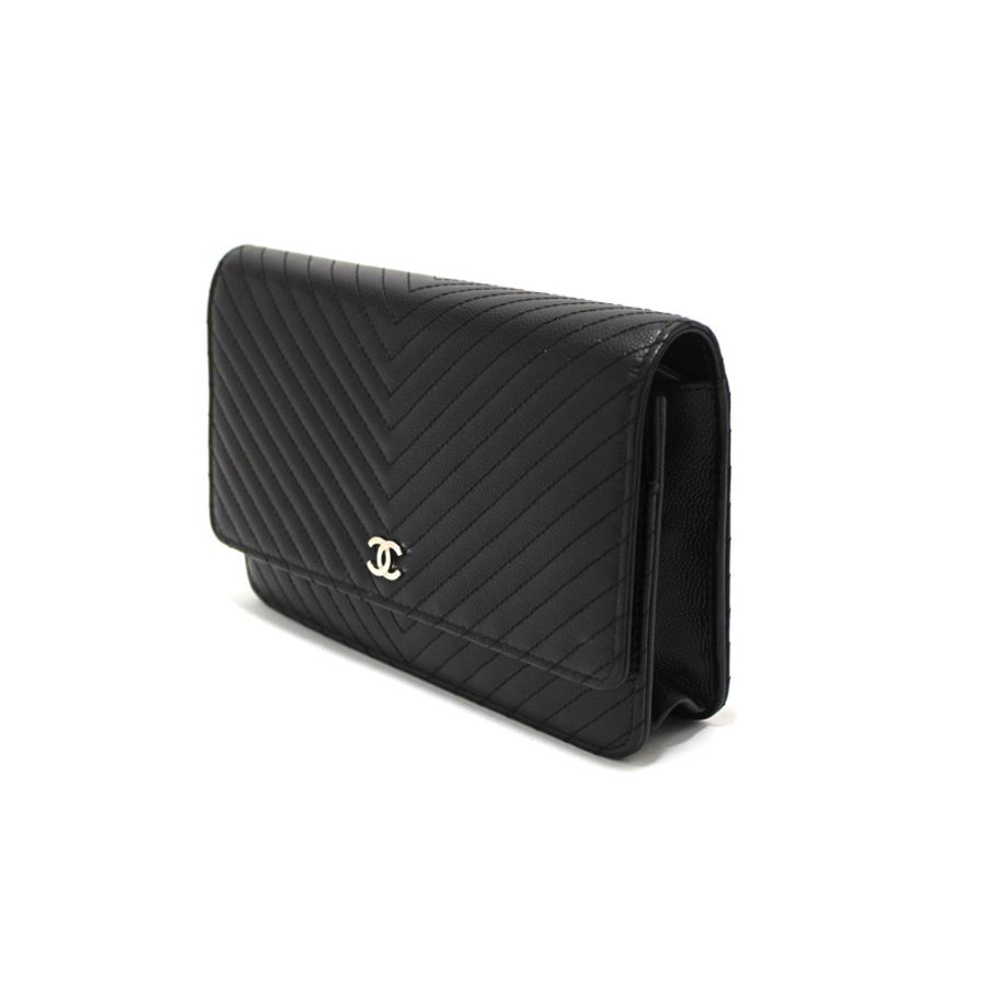Chanel Black Chevron Caviar Leather Wallet On Chain WOC Crossbody Bag-2