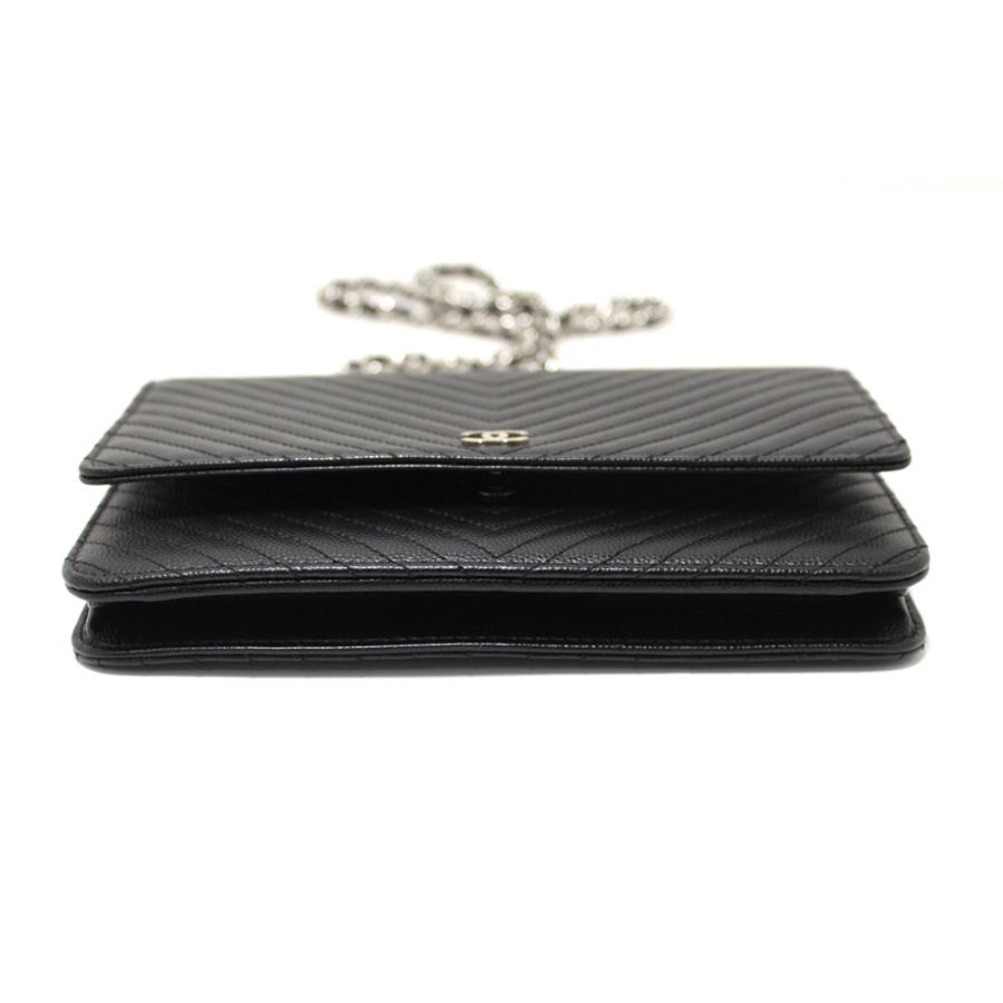 Chanel Black Chevron Caviar Leather Wallet On Chain WOC Crossbody Bag-6