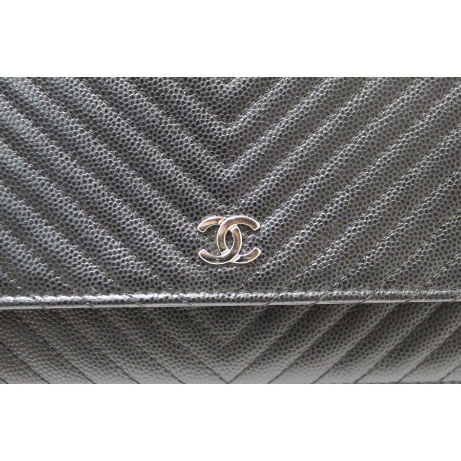 Chanel Black Chevron Caviar Leather Wallet On Chain WOC Crossbody Bag-7