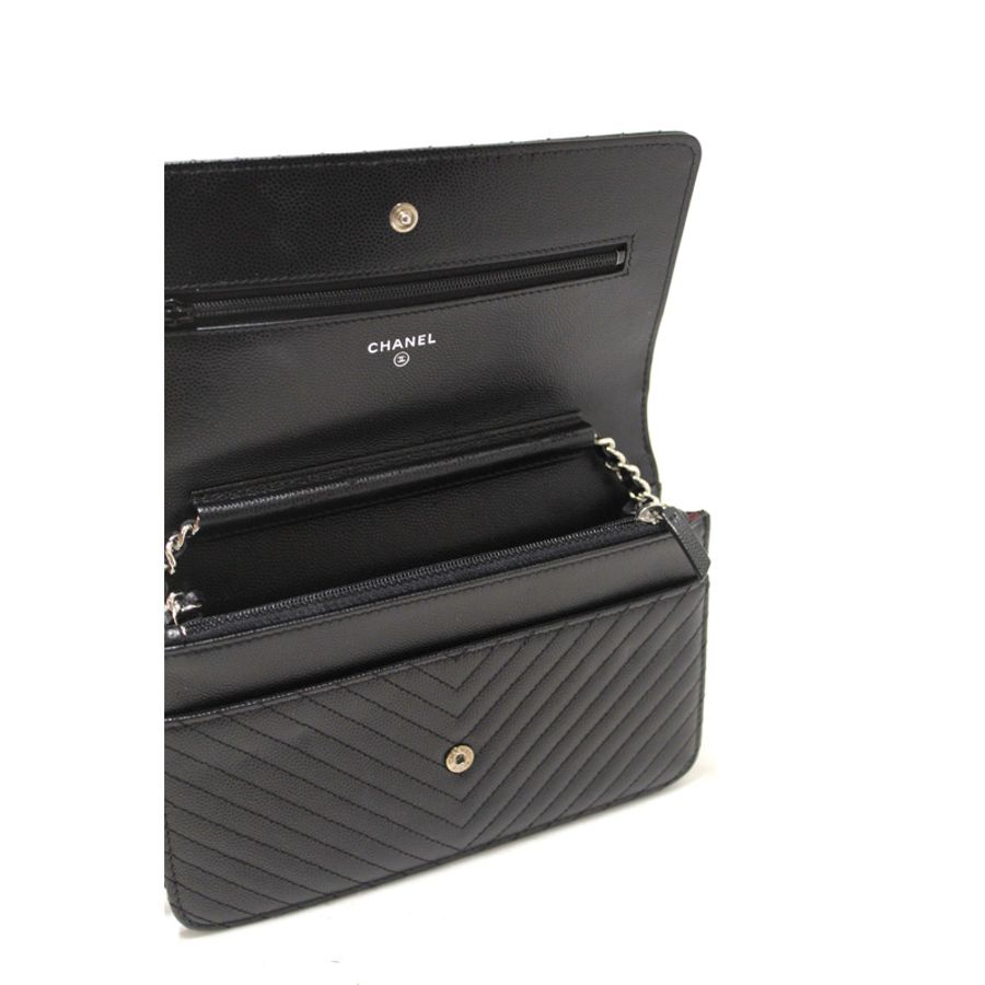 Chanel Black Chevron Caviar Leather Wallet On Chain WOC Crossbody Bag-8