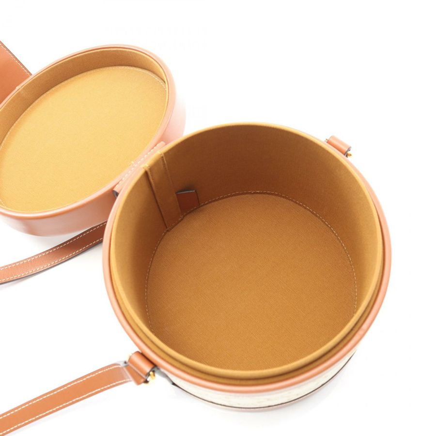 CELINE Tambour 中型 Triomphe 單肩包 帆布 皮革 白色 棕色 二手-2