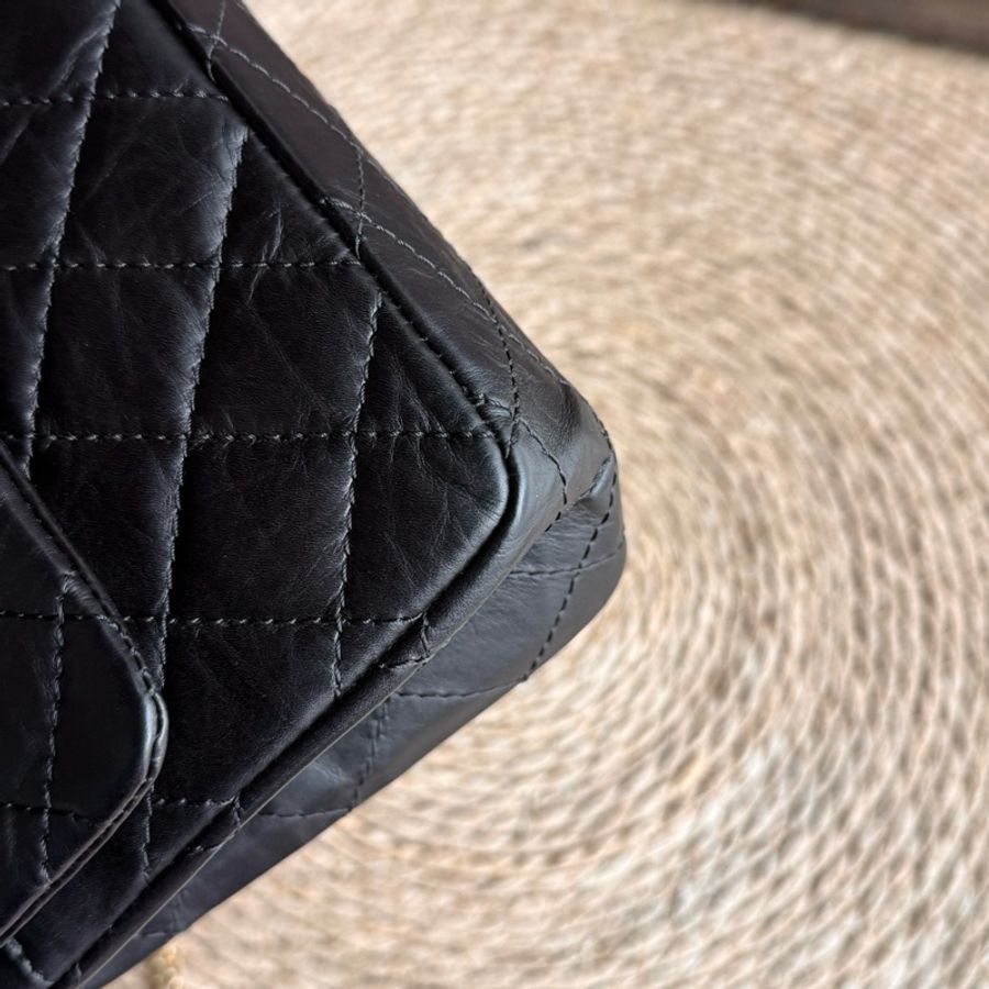 chanel 2.55黑金褶皺牛皮鏈條包中號 尺寸約28底長 年份:16開-11