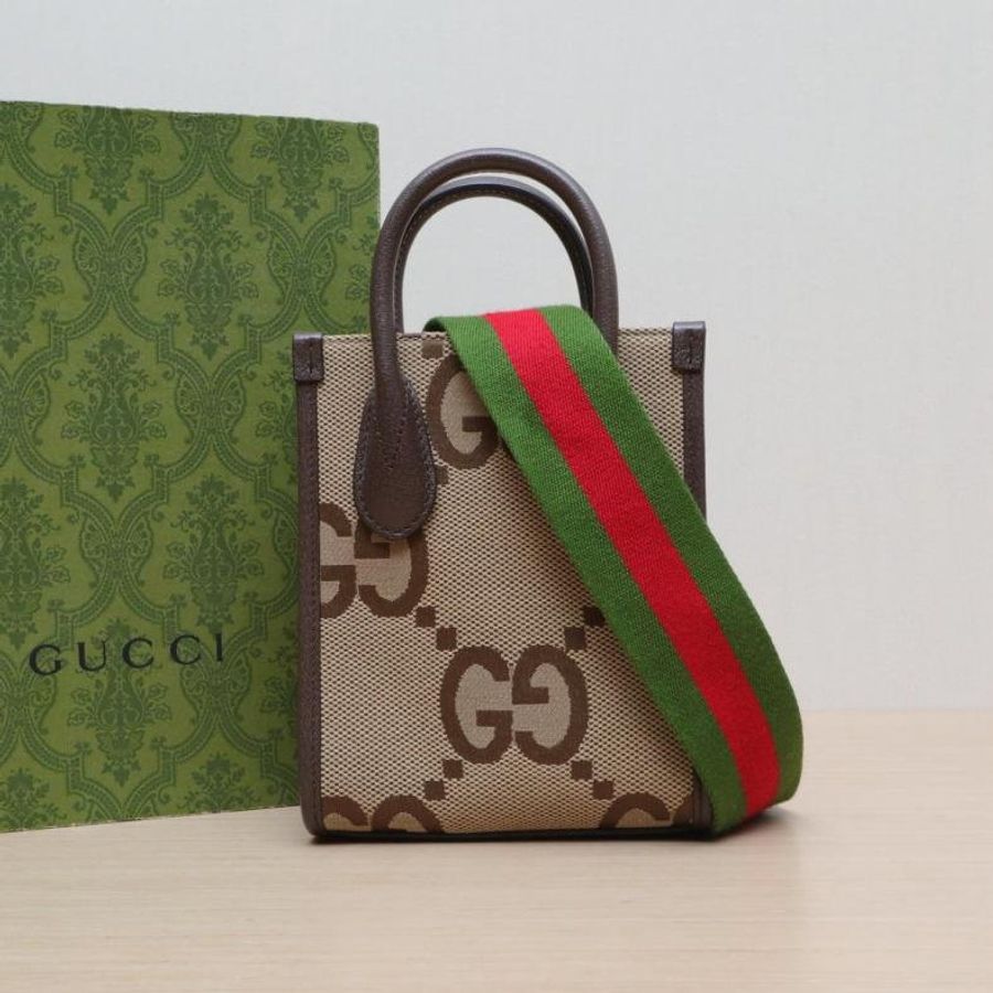 GUCCI 飾大號雙G圖案迷你托特包配紅綠織帶肩帶烏木色帆布金扣肩背包-0