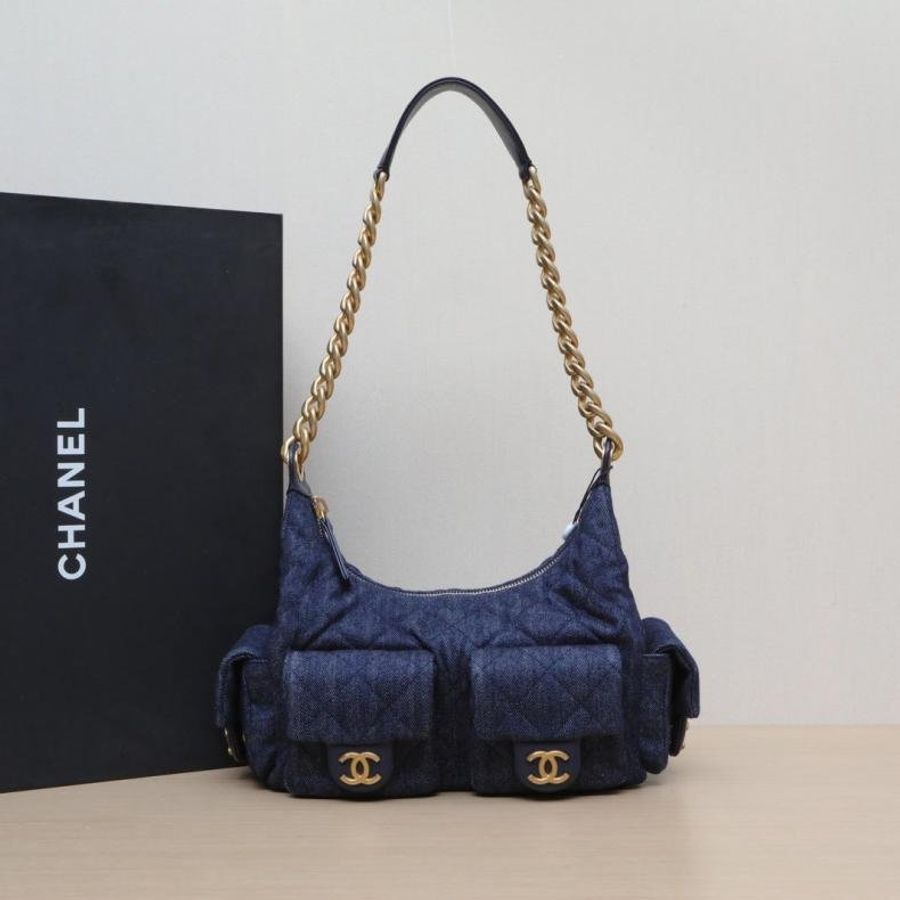 CHANEL 25Chobo雙口袋腋下包牛仔藍牛仔晶片開金扣肩背包-0