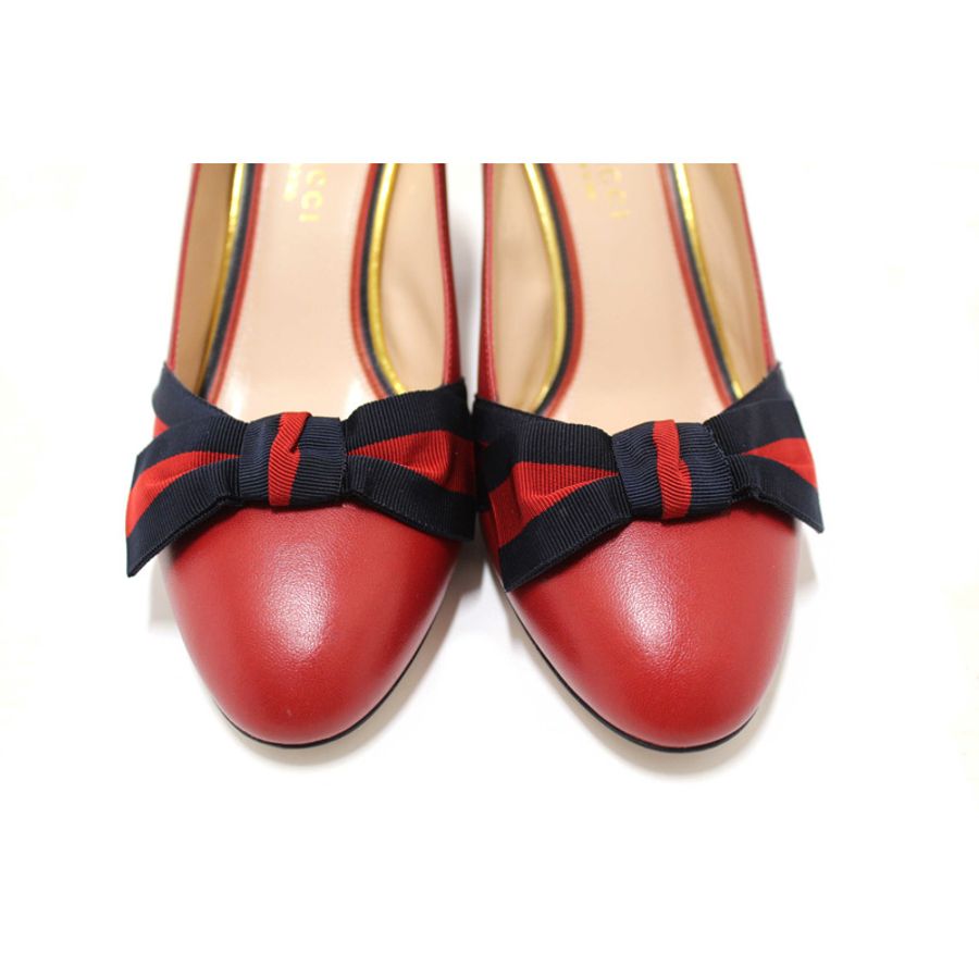 Gucci Red Smooth Calfskin Leather Web Bow Malaga Pumps Size 39-12