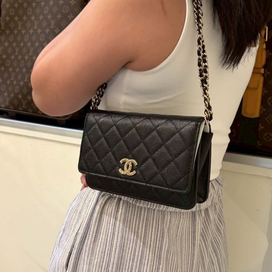 Chanel 金鍊黑荔枝皮特殊刻印雙C WOC-3