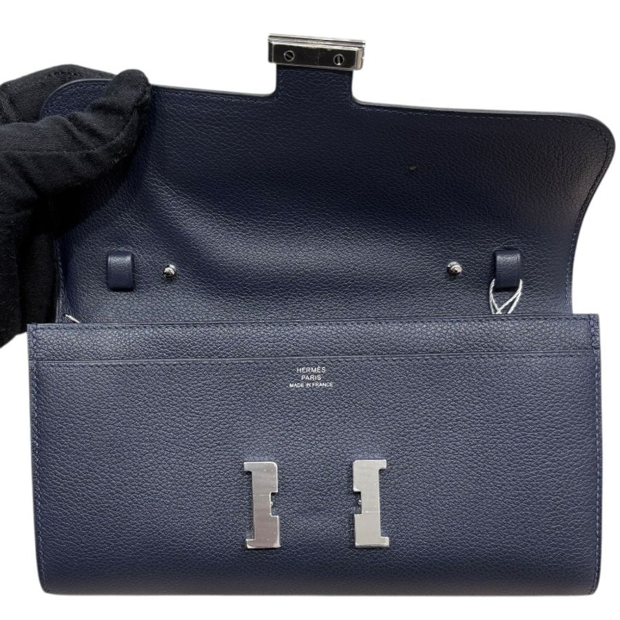 HERMES 愛馬仕 CONSTANCE TOGO 康康TOGO 肩背長夾 EVERCOLOR皮 深藍色 銀扣 Y刻-11