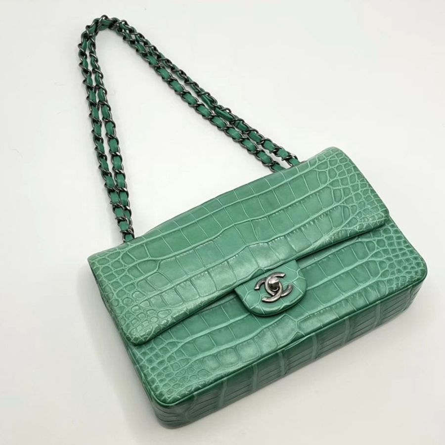 CHANEL 鱷魚皮綠色銀扣CF中號肩背斜背包 25*15*7 98新配件盒子塵袋-2