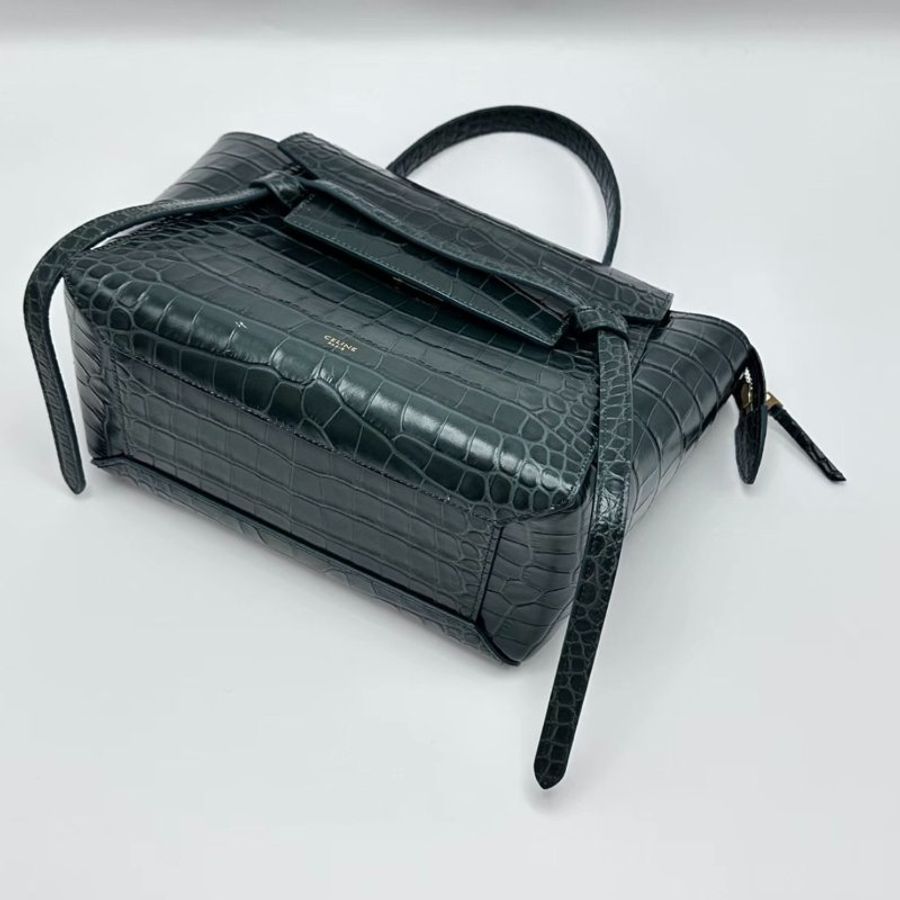 CELINE 綠金Belt鯰魚鱷魚壓紋肩背斜背包24*13*20 98新配件購證塵袋-2