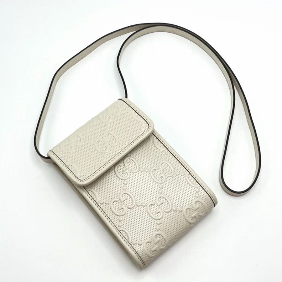 GUCCI 白色雙G logo斜背手機包 12*15*3.5 99新配件盒子塵袋-2