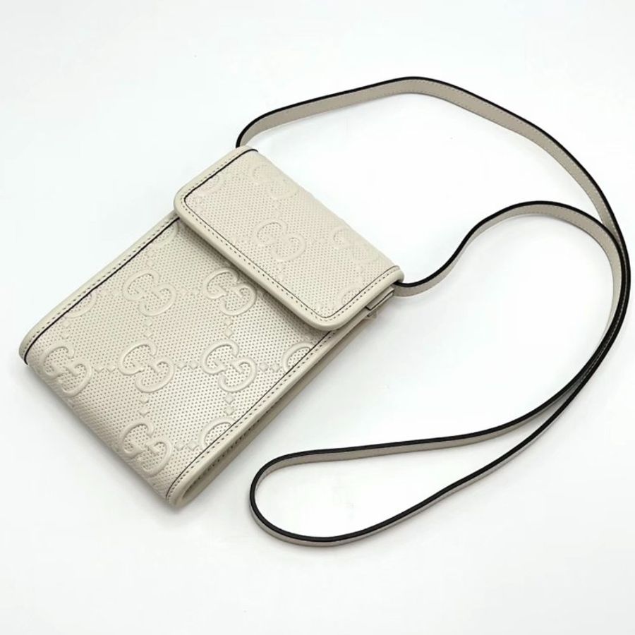 GUCCI 白色雙G logo斜背手機包 12*15*3.5 99新配件盒子塵袋-4