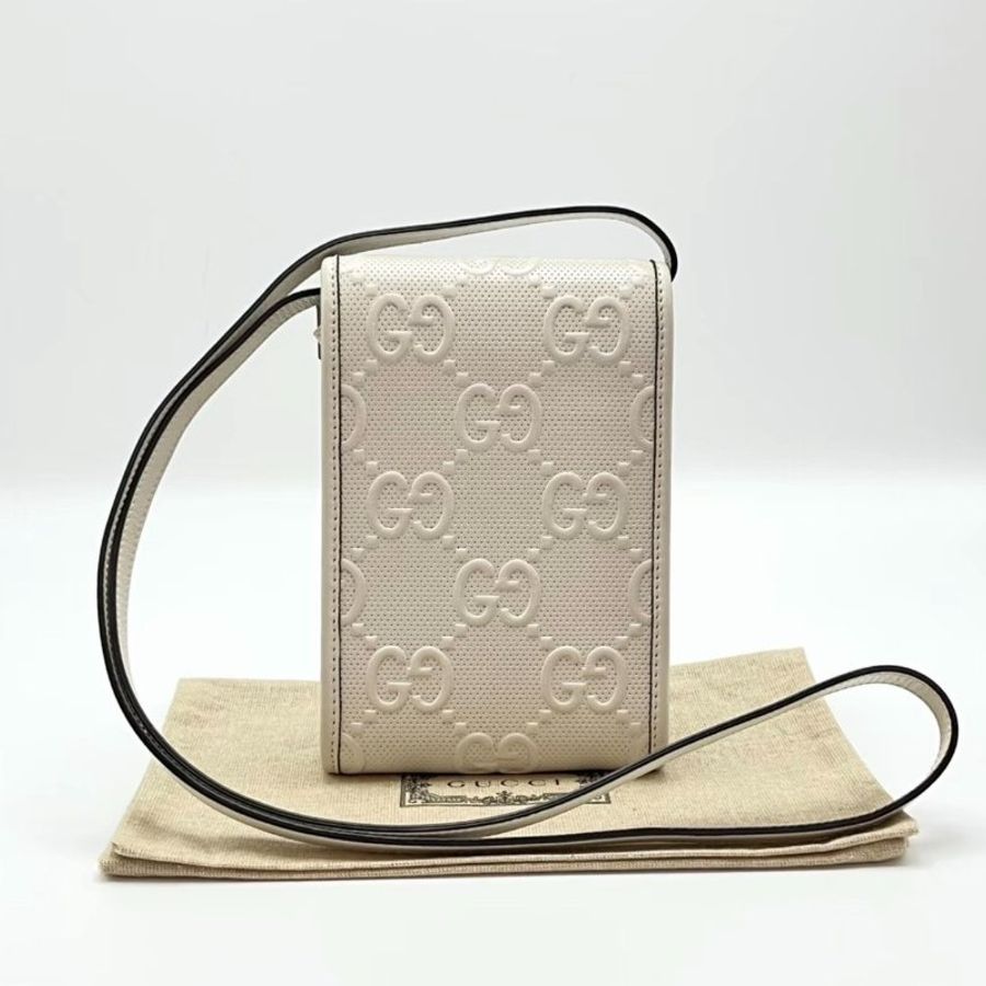 GUCCI 白色雙G logo斜背手機包 12*15*3.5 99新配件盒子塵袋-5