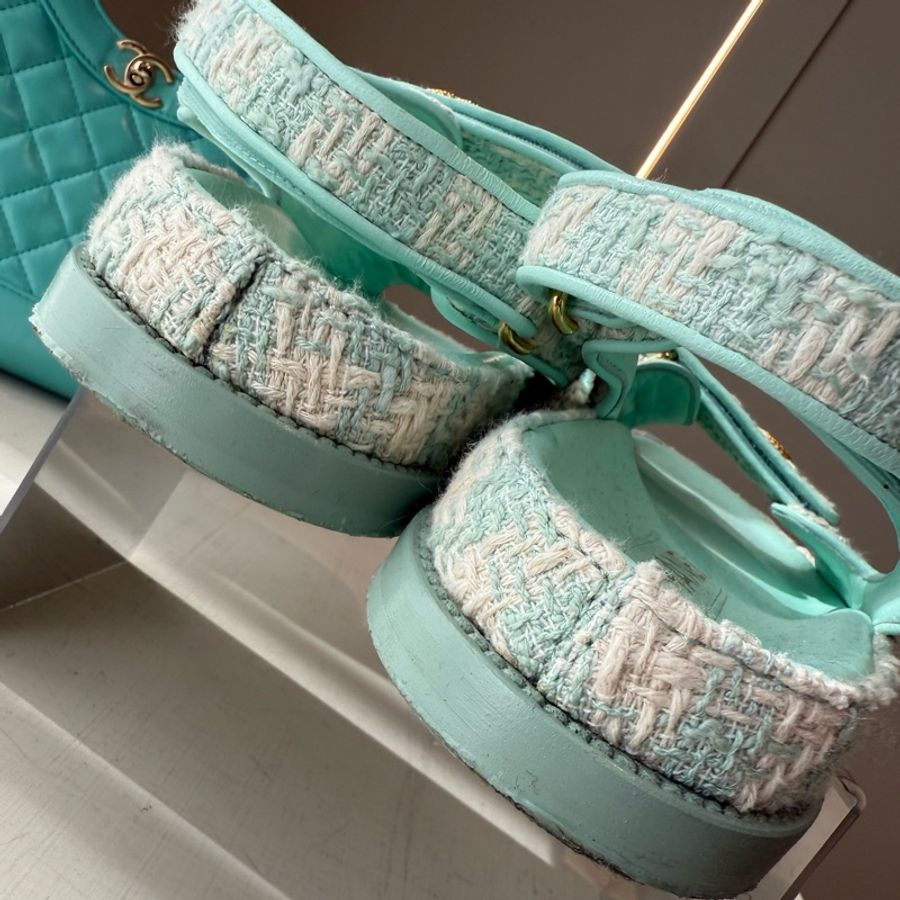 CHANEL 湖水綠格紋毛呢涼鞋 39.5號-10