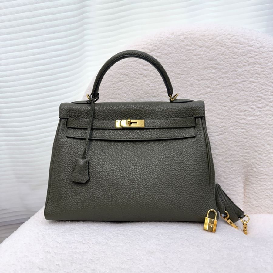 Hermès 愛馬仕 C6 橄欖綠 Togo 牛皮 Kelly 32 凱莉包 手提包 肩背包 金釦-3