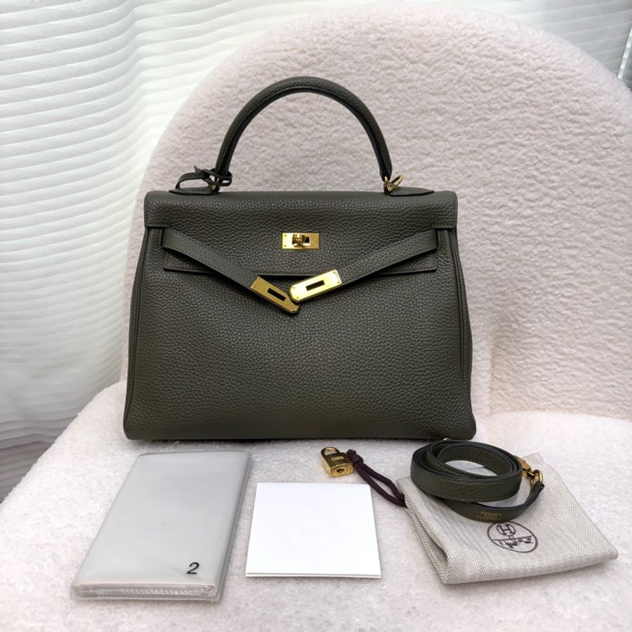 Hermès 愛馬仕 C6 橄欖綠 Togo 牛皮 Kelly 32 凱莉包 手提包 肩背包 金釦-4