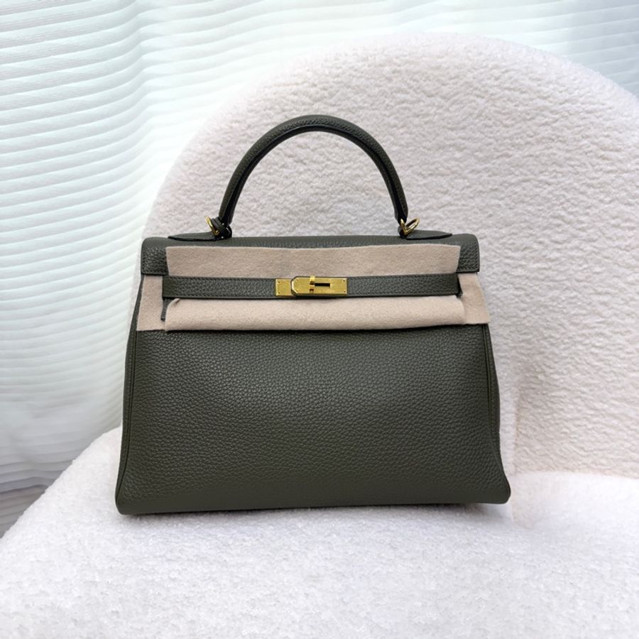 Hermès 愛馬仕 C6 橄欖綠 Togo 牛皮 Kelly 32 凱莉包 手提包 肩背包 金釦-5