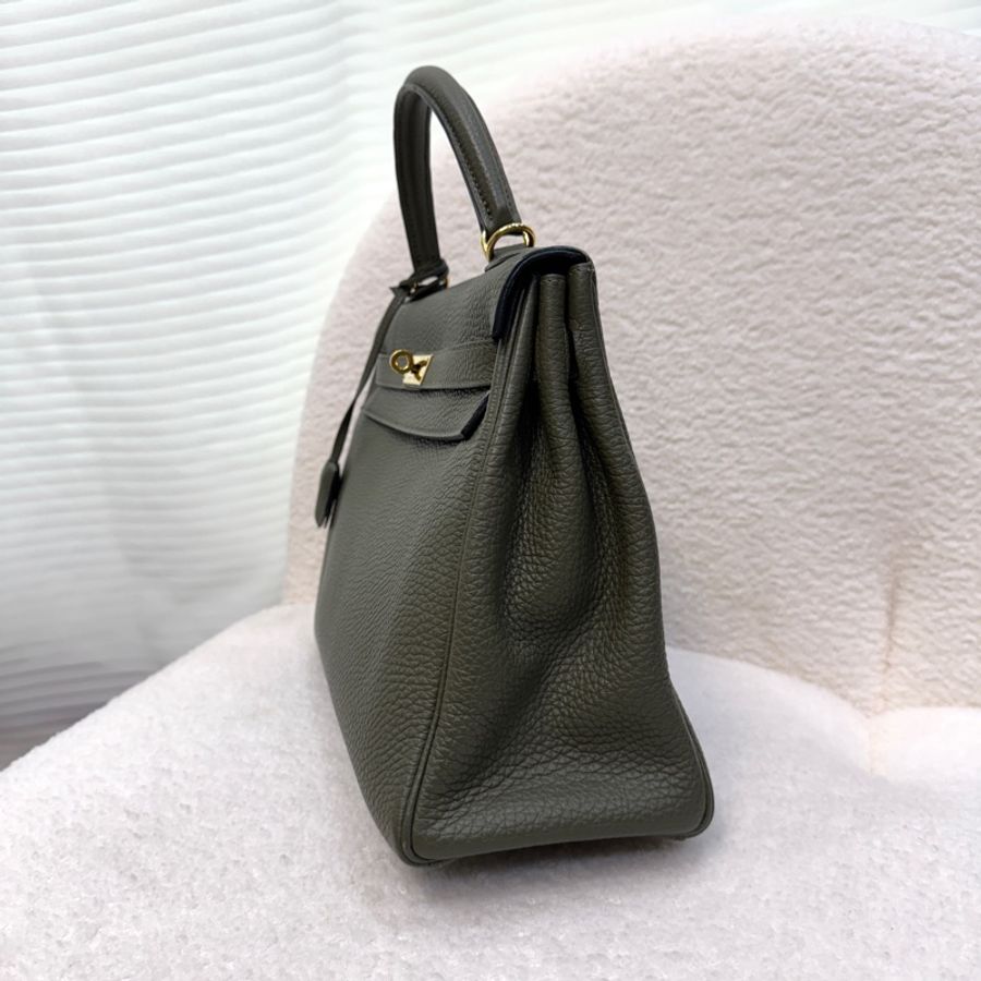 Hermès 愛馬仕 C6 橄欖綠 Togo 牛皮 Kelly 32 凱莉包 手提包 肩背包 金釦-6