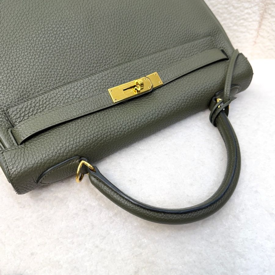 Hermès 愛馬仕 C6 橄欖綠 Togo 牛皮 Kelly 32 凱莉包 手提包 肩背包 金釦-10