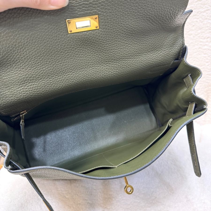 Hermès 愛馬仕 C6 橄欖綠 Togo 牛皮 Kelly 32 凱莉包 手提包 肩背包 金釦-11