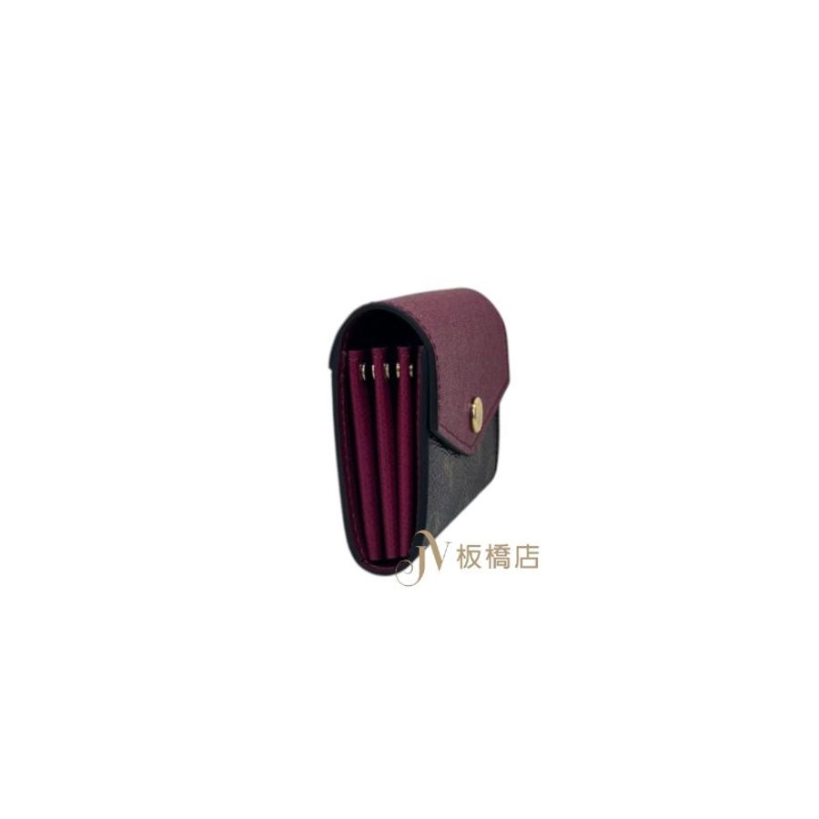 JY0310-LV 紅牛皮拚原花信封釦式風琴短夾-2